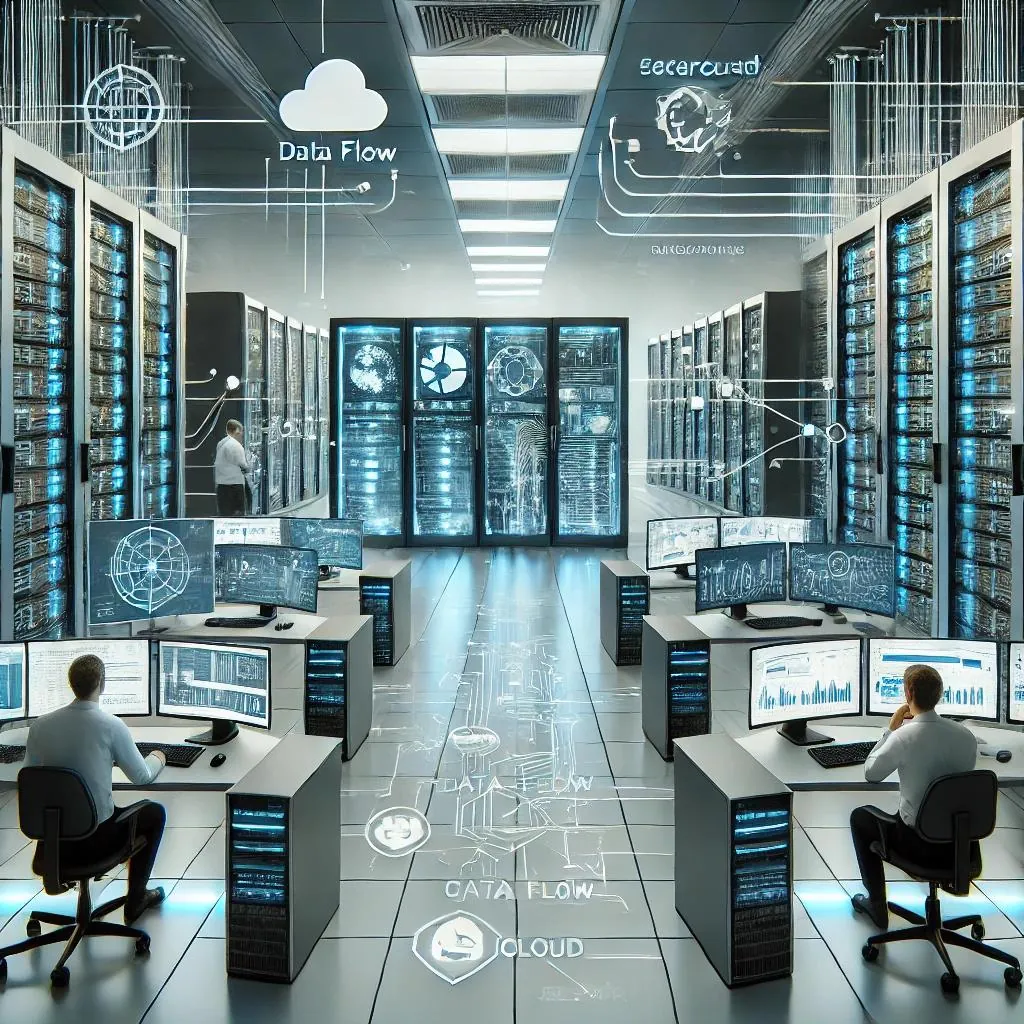 Data centre with rows of lit server racks and technicians working at monitors