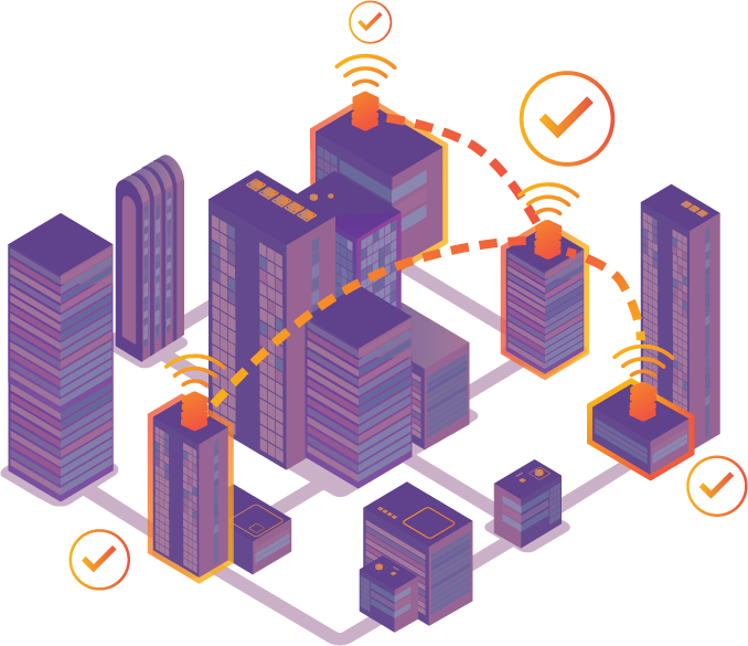 Isometric illustration of city buildings linked by dashed wireless connections